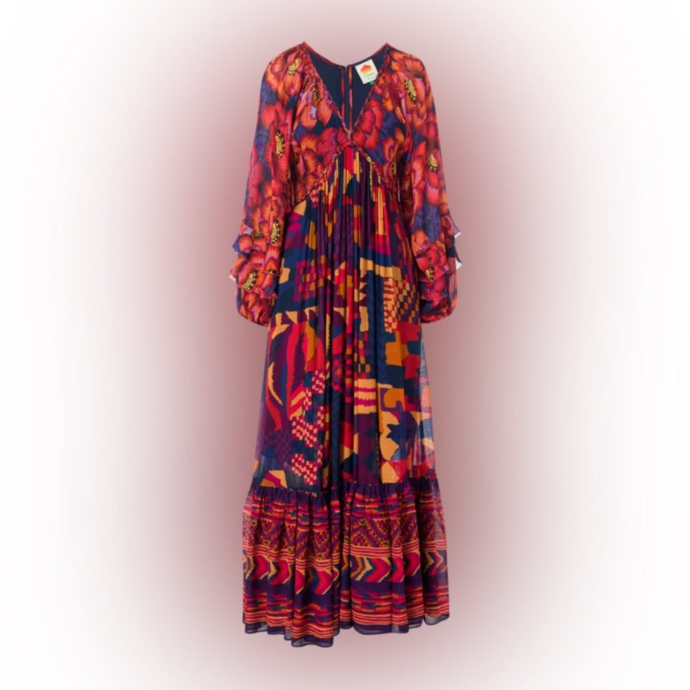 FRAM RIO BLUE ABSTRACT PATCHES MAXI DRESS  MIX PRINT
